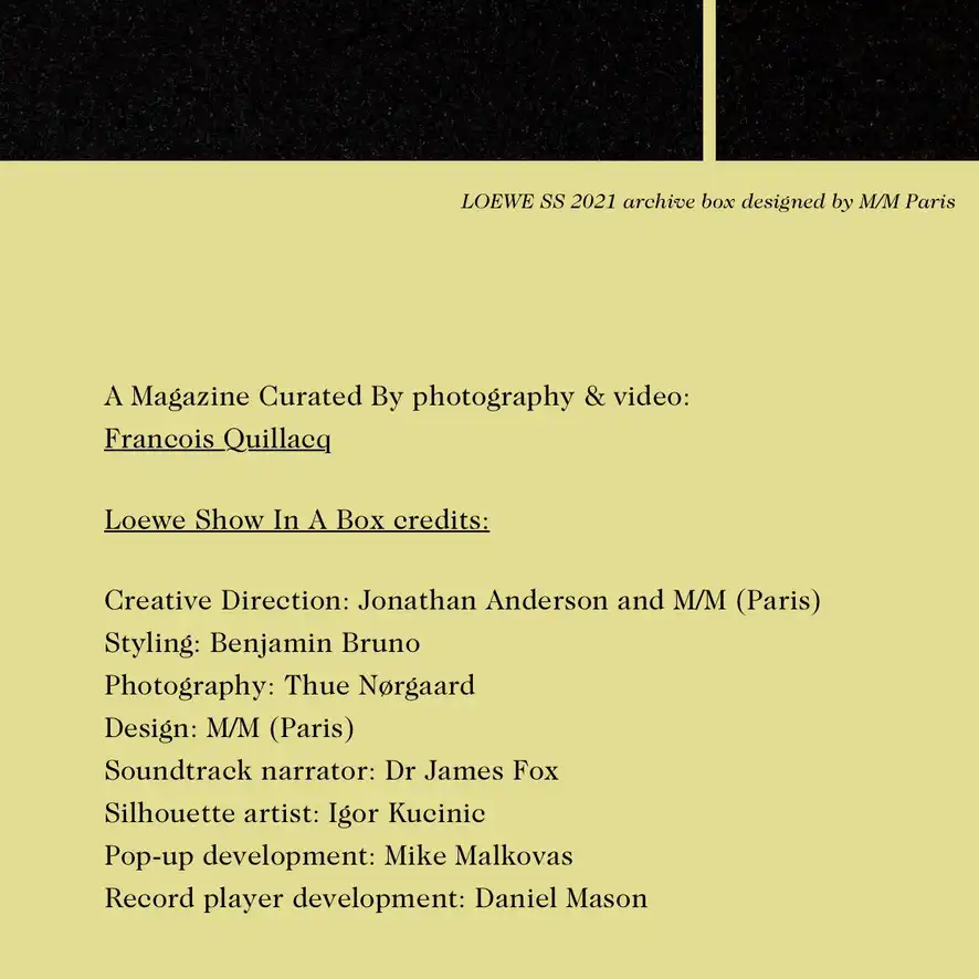 Página de créditos del ‘Show in a Box’ de LOEWE, con Igor Kucinic acreditado como artista de siluetas junto al equipo creativo