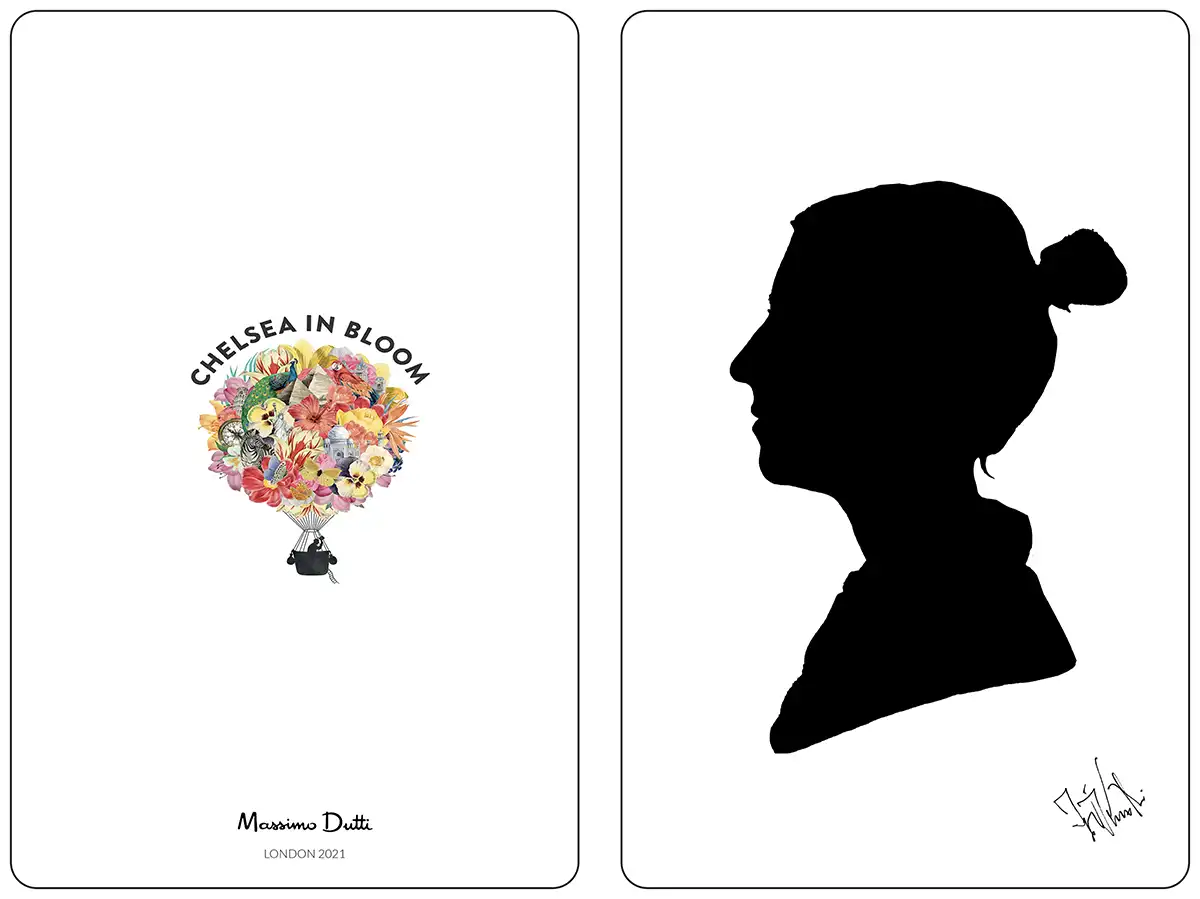 Tarjeta de silueta personalizada realizada para Massimo Dutti, con el logotipo de Chelsea in Bloom Londres